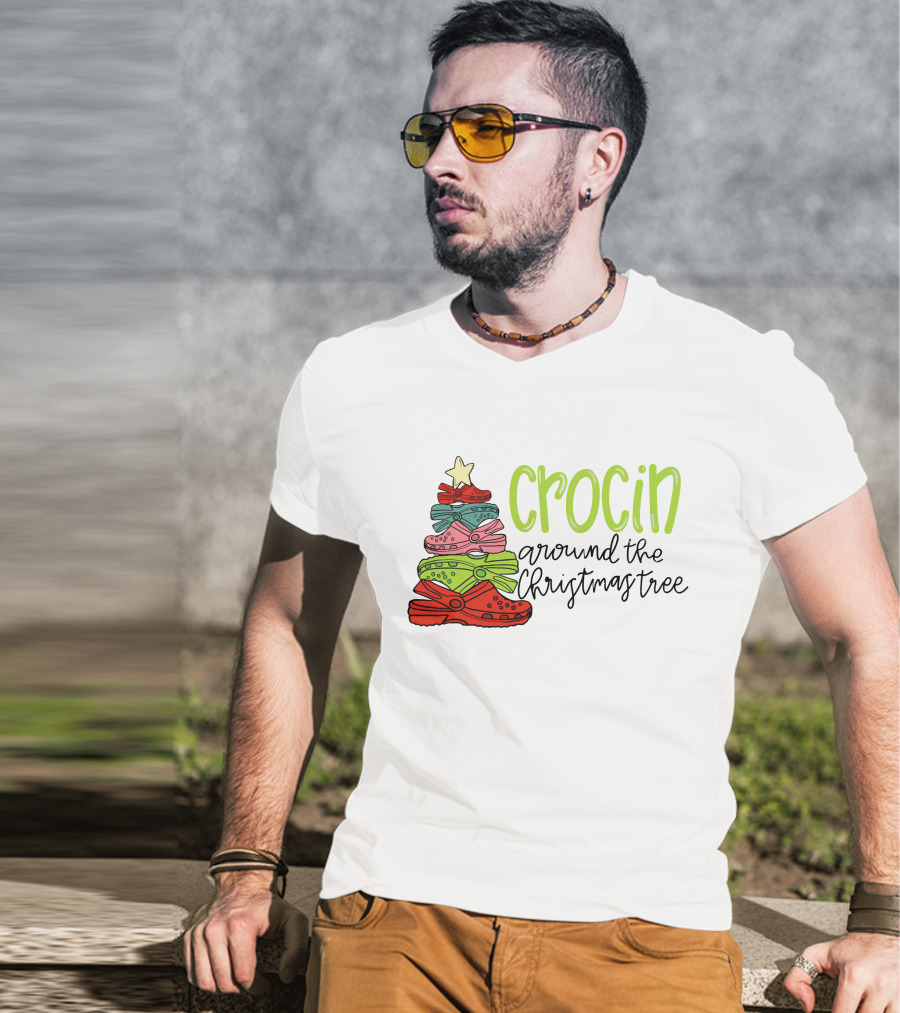 Crocin Around The Christmas Tree Stack Of Festive Shoes With Star T-Shirt