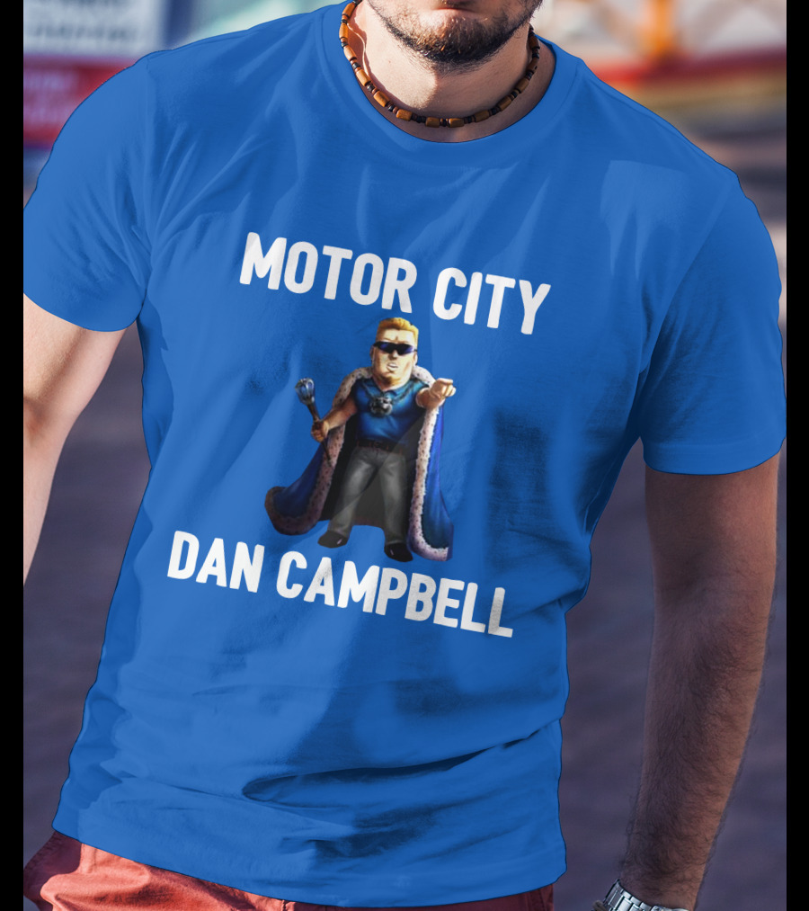 Motor City Dan Campbell Iconic Blue Cape And Scepter Character Representation T-Shirt