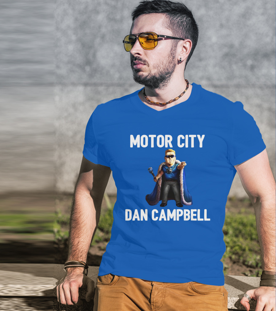 Motor City Dan Campbell Iconic Blue Cape And Scepter Character Representation T-Shirt
