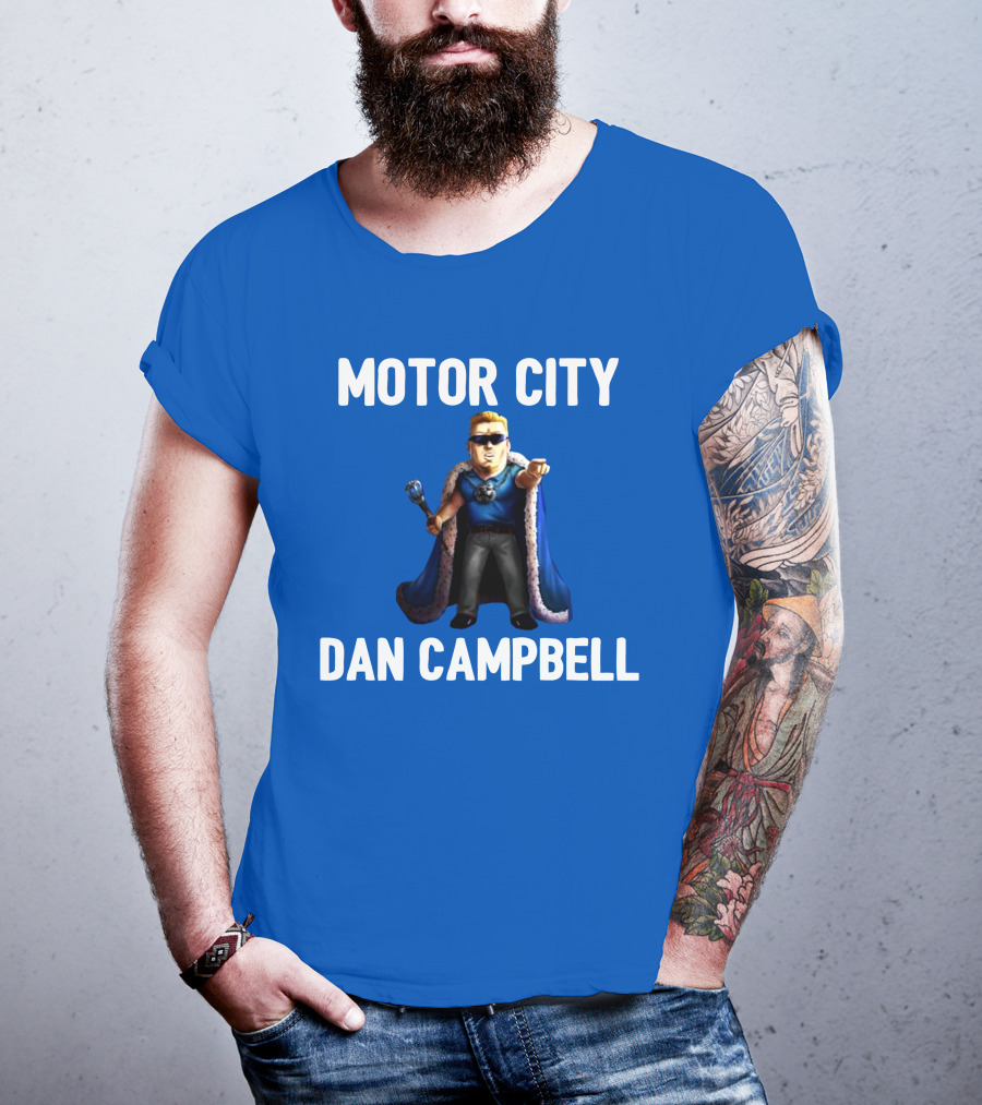 Motor City Dan Campbell Iconic Blue Cape And Scepter Character Representation T-Shirt