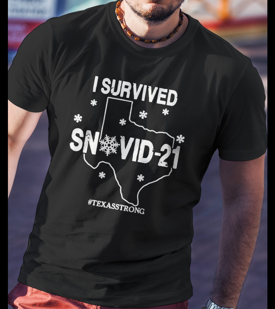 I Survived Snovid-21 Texas Strong Map Outline With Snowflakes T-Shirt