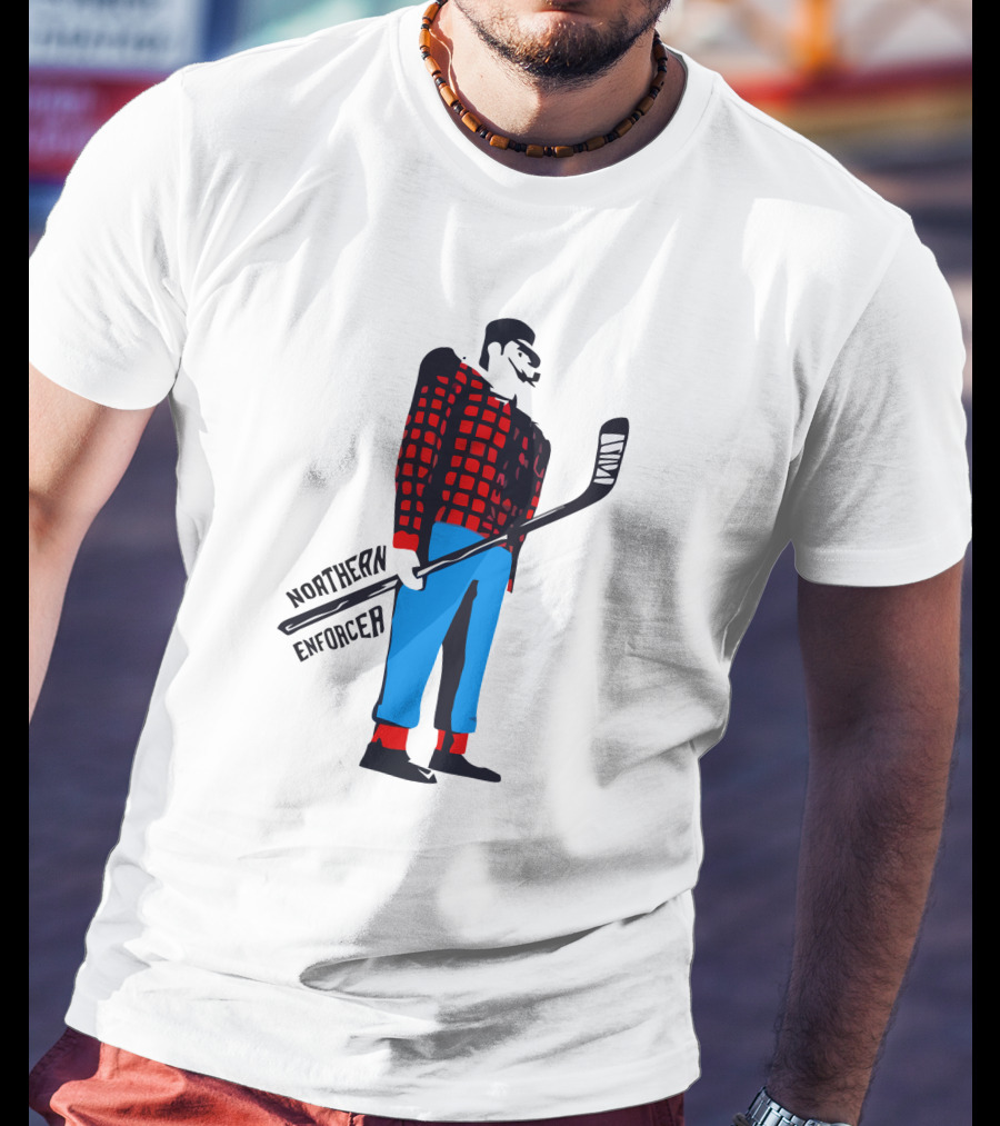 Northern Enforcer Hockey Plaid Lumberjack Player With Stick T-Shirt