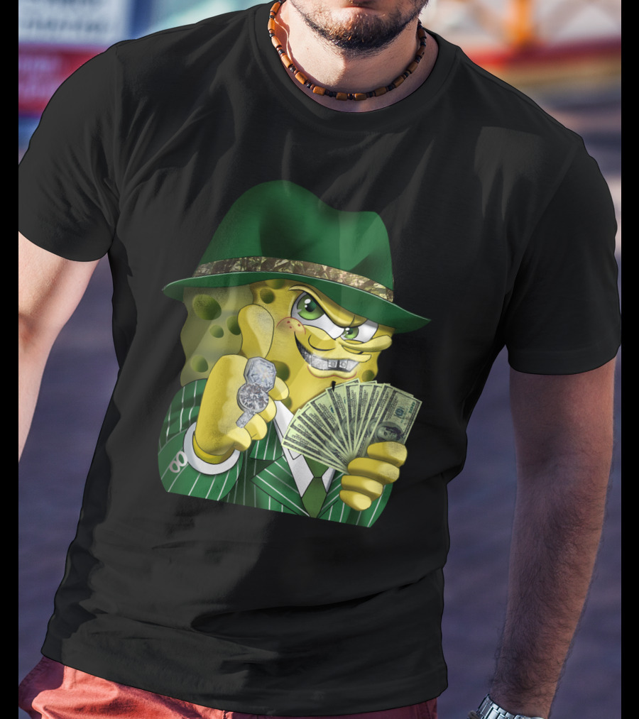 SpongeBob Gangster Style In Green Suit And Hat With Money And Diamonds T-Shirt