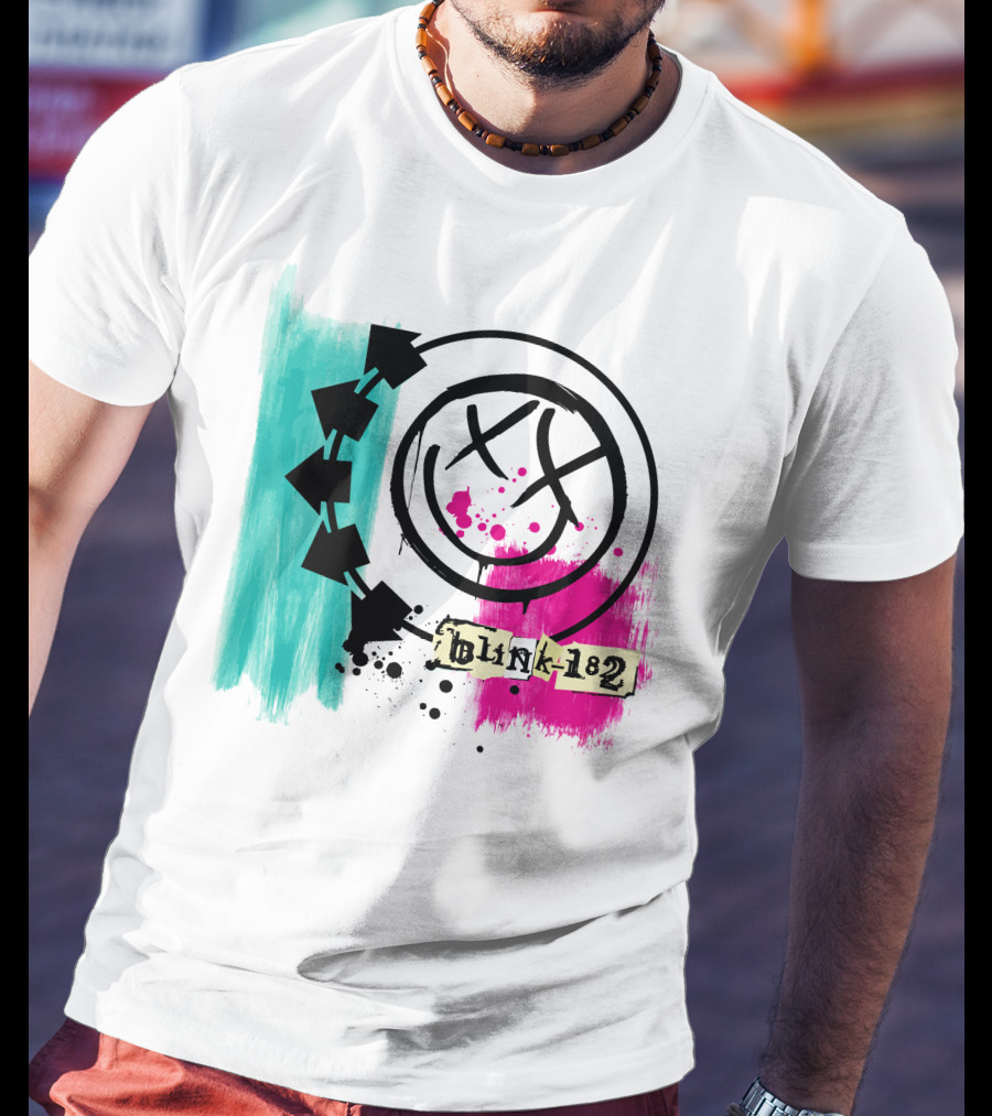 Blink 182 I Miss You Smiley Logo With Pink And Teal Paint Splatter T-Shirt