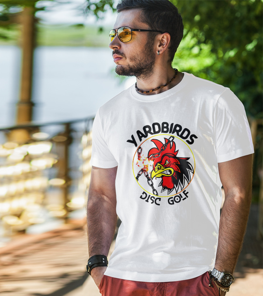 Yardbirds Disc Golf Angry Rooster With Exploding Chains T-Shirt