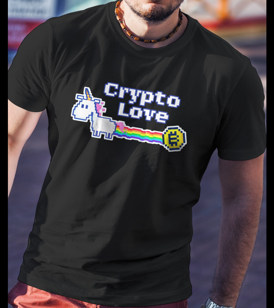 Crypto Love Unicorn Pixel Art Rainbow Coin T-Shirt
