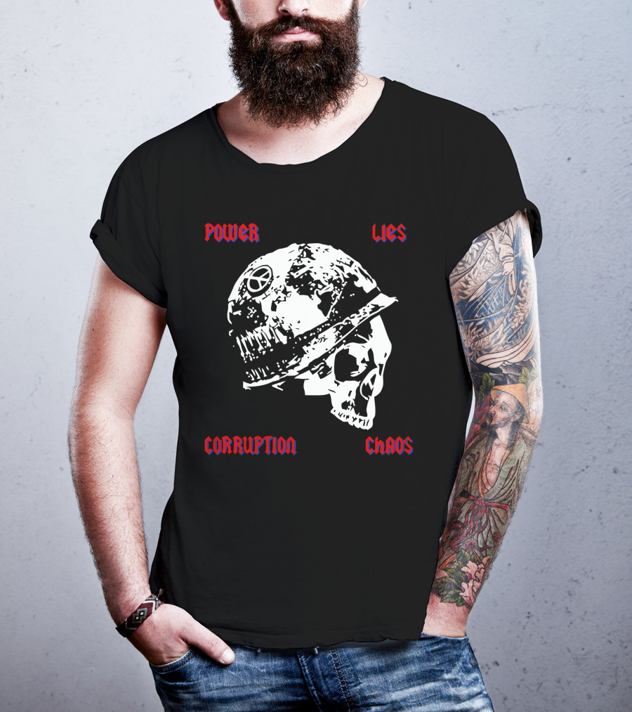 Power Lies Corruption Chaos Skull With Helmet And Peace T-Shirt