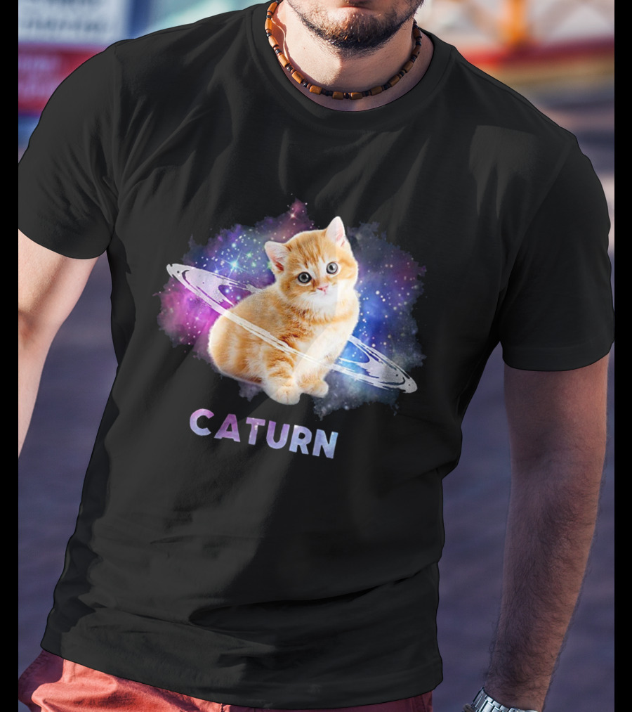Cat In Space Caturn Saturn Randball Kitten In Cosmic Rings T-Shirt