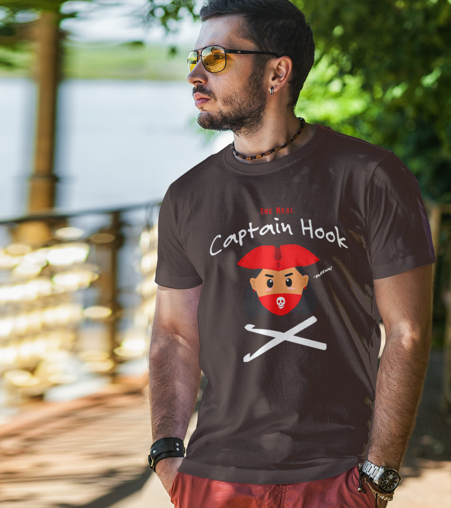 The Real Captain Hook Yarrnn Skull Red Hat Pirate Face Crossed Needles T-Shirt