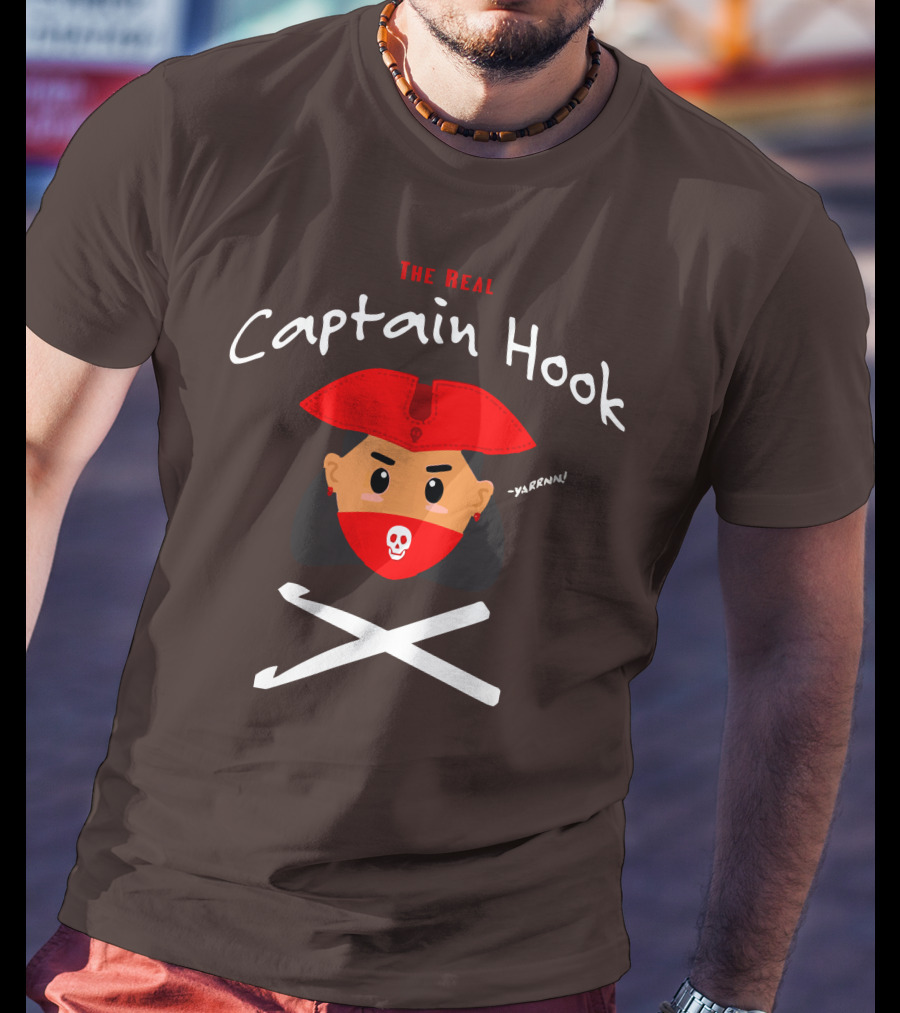 The Real Captain Hook Yarrnn Skull Red Hat Pirate Face Crossed Needles T-Shirt