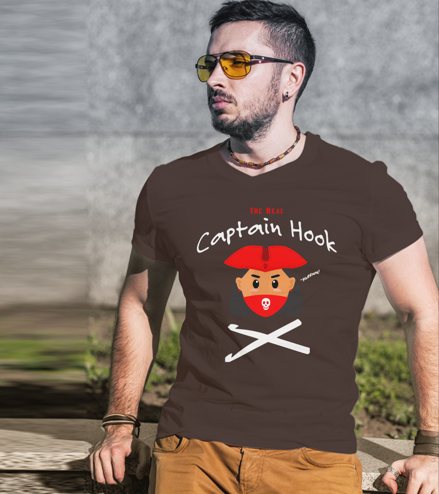 The Real Captain Hook Yarrnn Skull Red Hat Pirate Face Crossed Needles T-Shirt
