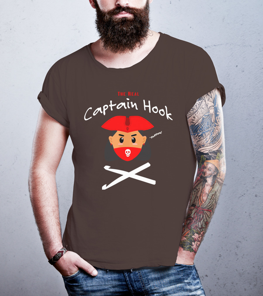 The Real Captain Hook Yarrnn Skull Red Hat Pirate Face Crossed Needles T-Shirt