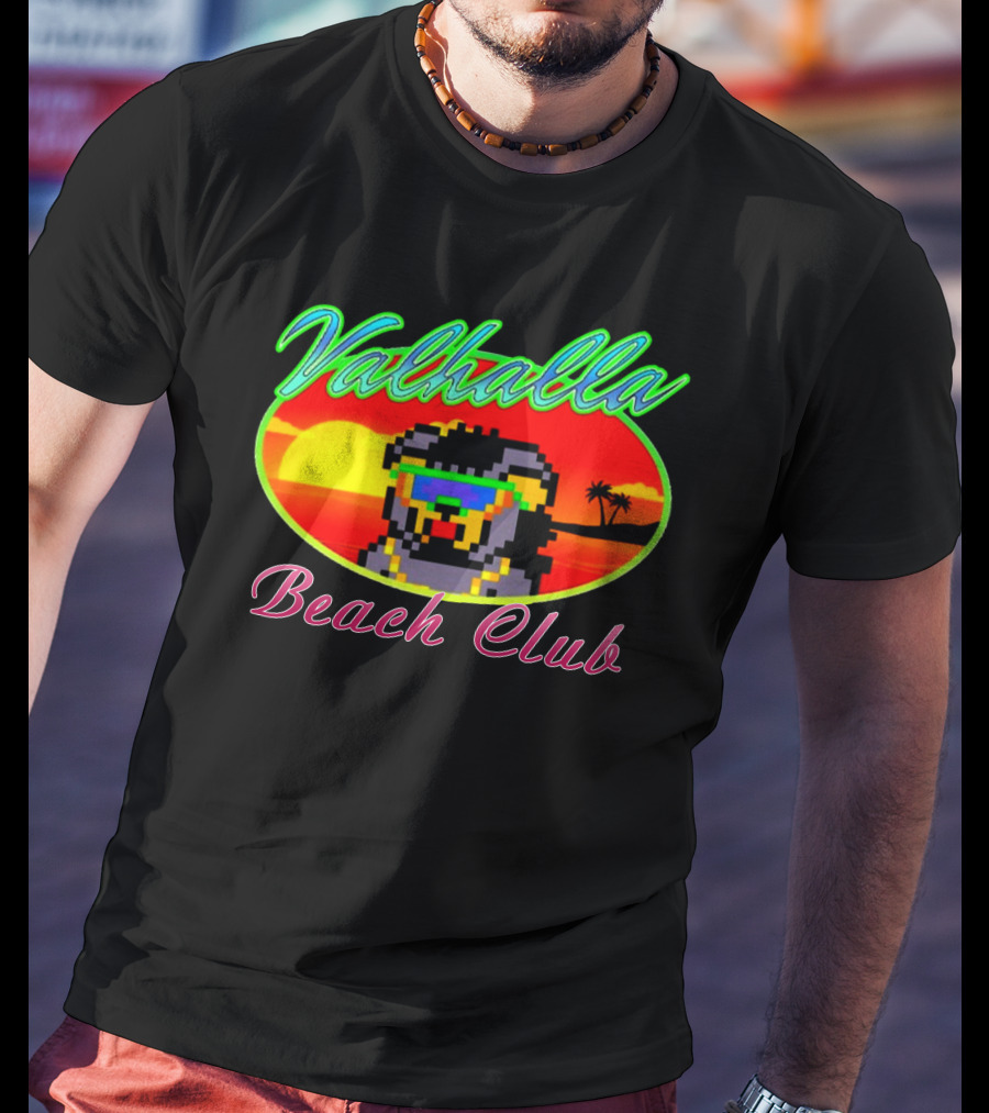 Valhalla Beach Club 80s Retro Pixel Sunset And Palm Trees T-Shirt