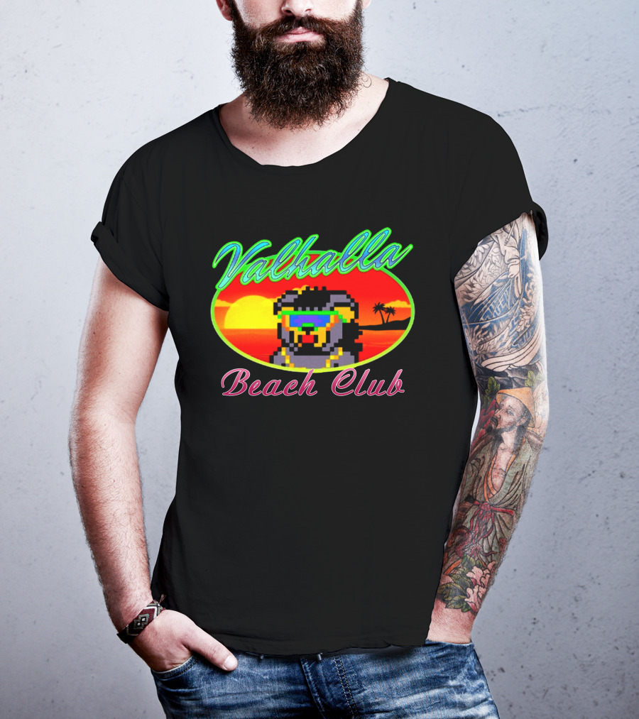 Valhalla Beach Club 80s Retro Pixel Sunset And Palm Trees T-Shirt