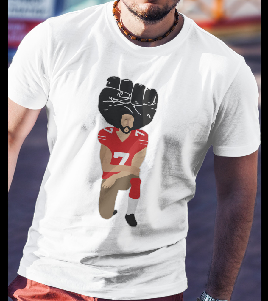 Colin Kaepernick Kneeling With Raised Fist And Red Football Jersey Number 7 T-Shirt