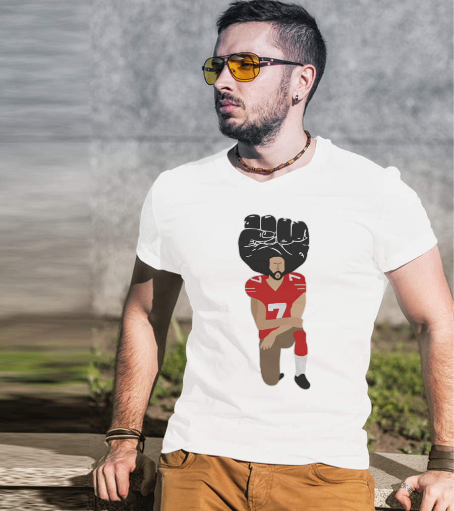Colin Kaepernick Kneeling With Raised Fist And Red Football Jersey Number 7 T-Shirt
