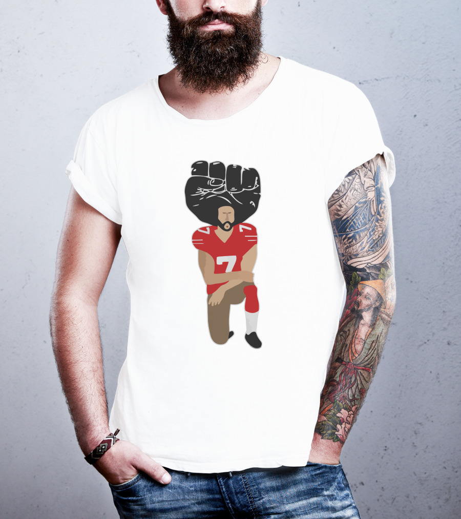 Colin Kaepernick Kneeling With Raised Fist And Red Football Jersey Number 7 T-Shirt