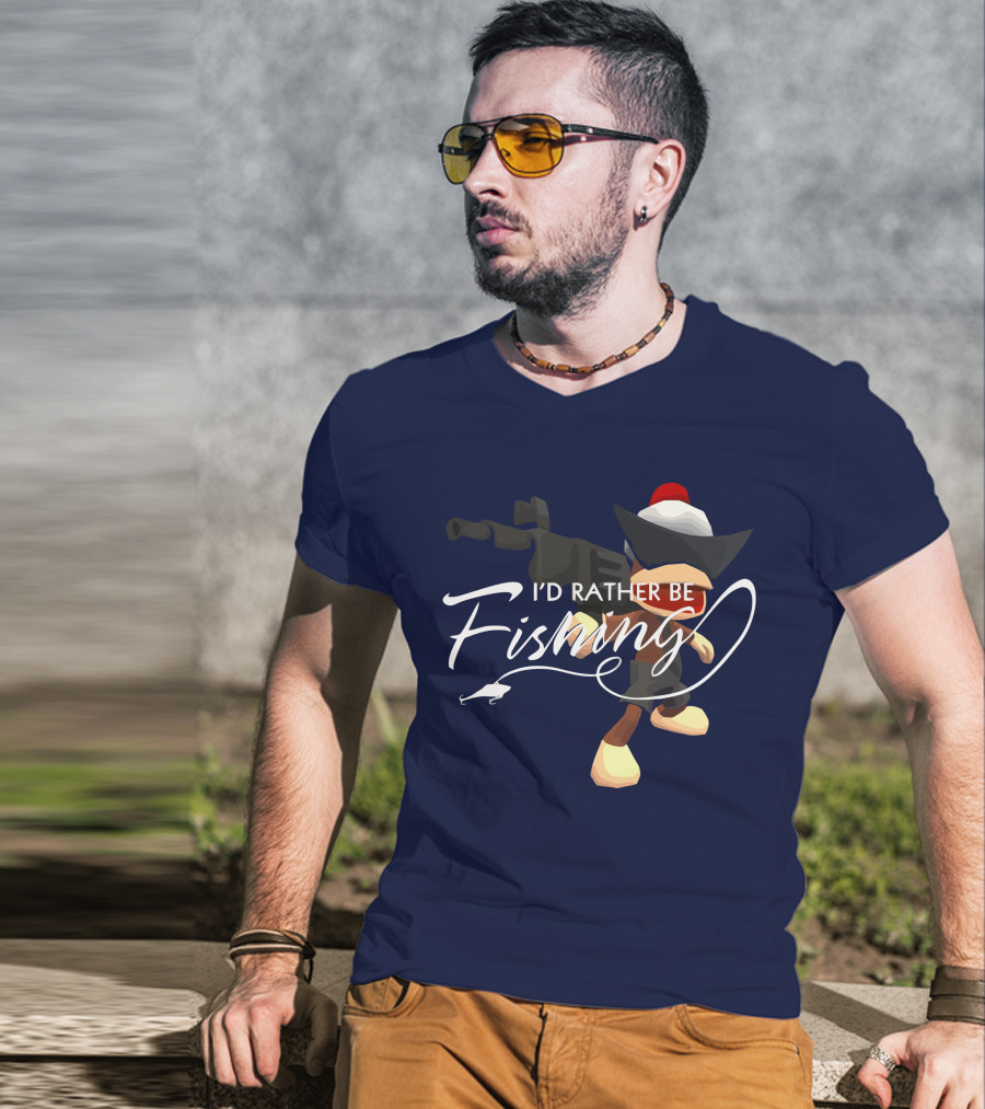 I'd Rather Be Fishing Video Game Character With Rod And Hat T-Shirt