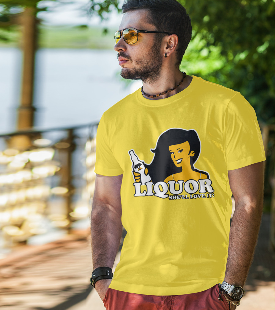 Liquor She'll Love It Retro Pin-Up Style Woman Holding Bottle T-Shirt