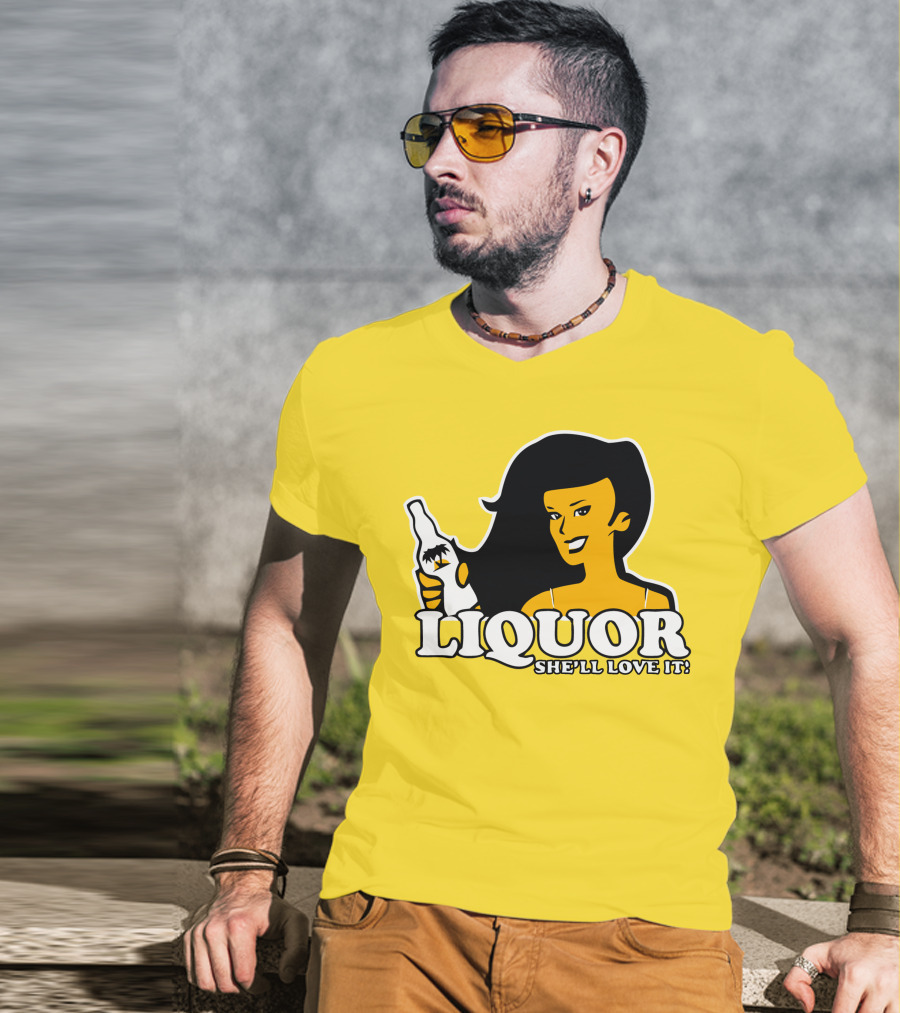 Liquor She'll Love It Retro Pin-Up Style Woman Holding Bottle T-Shirt