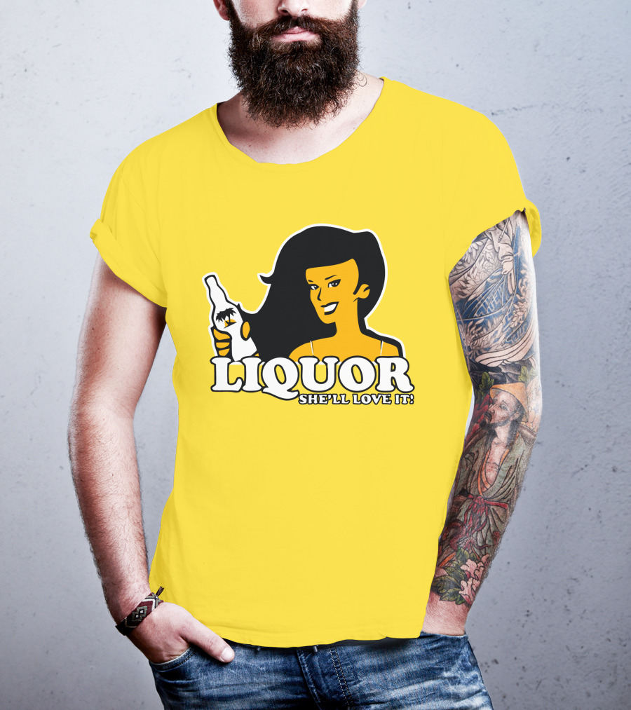 Liquor She'll Love It Retro Pin-Up Style Woman Holding Bottle T-Shirt