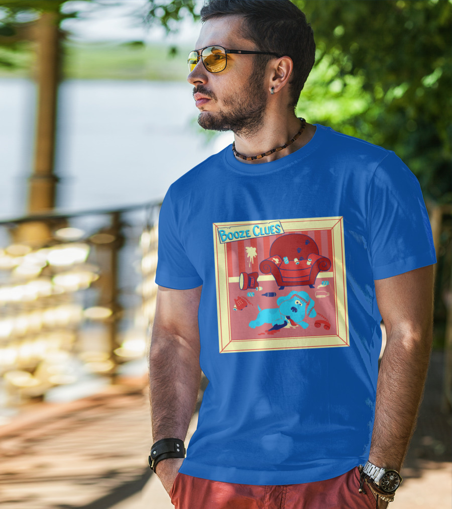 Booze Clues Blue Dog Party Mess With Cans And Couch T-Shirt