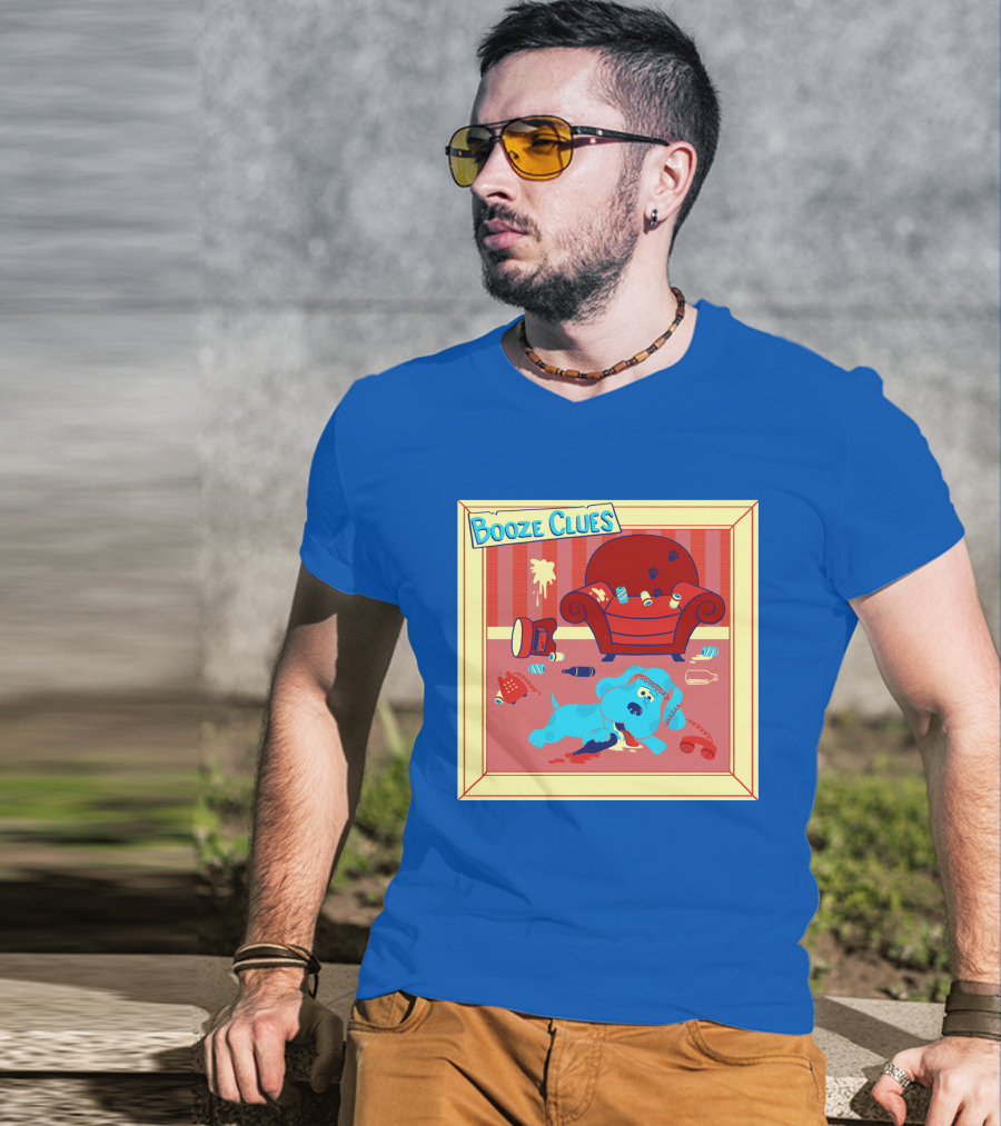 Booze Clues Blue Dog Party Mess With Cans And Couch T-Shirt