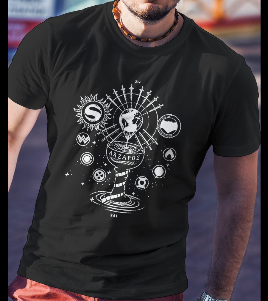 Justice League Symbols With Ancient Lazaros World Imagery And Iconic Logos 214 241 T-Shirt