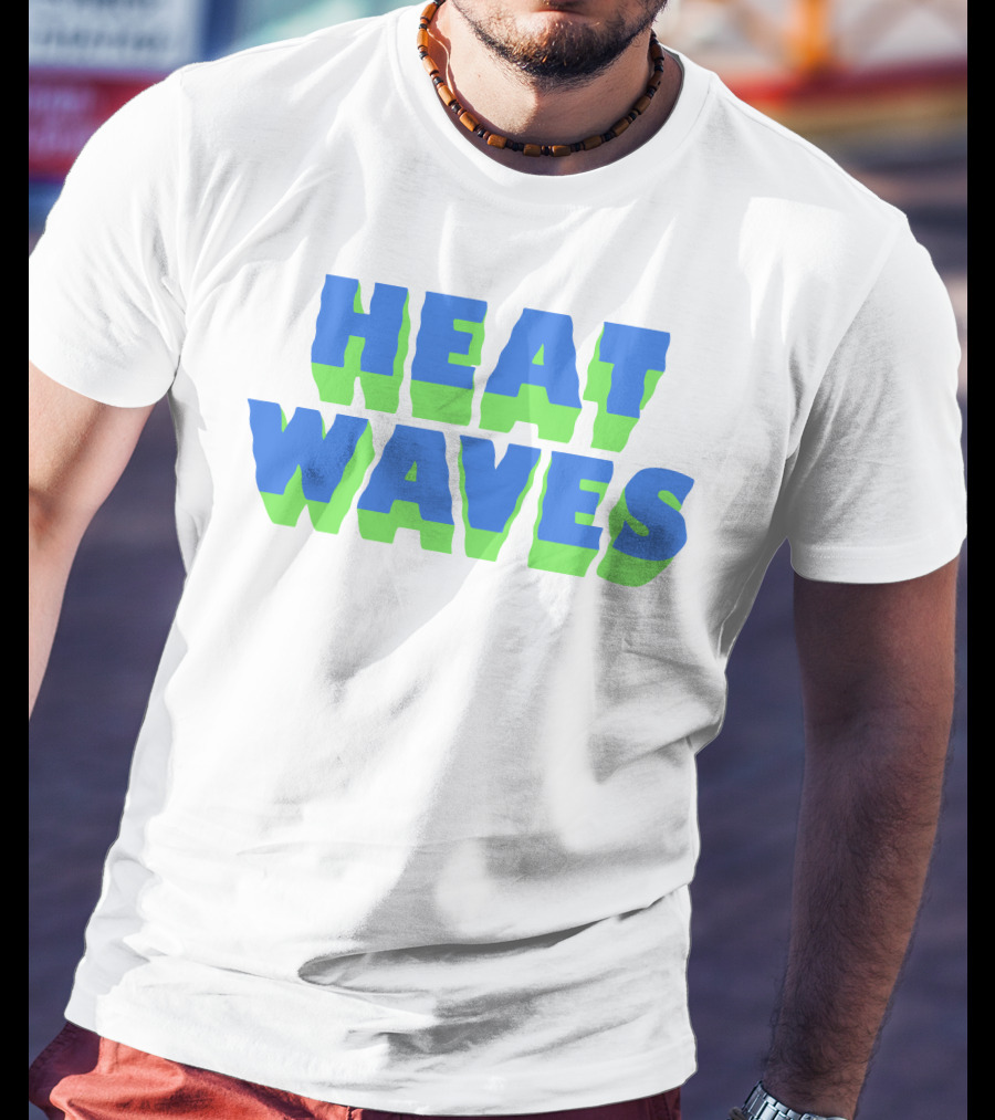 HEAT WAVES Bold 3D Text Design In Blue And Green T-Shirt