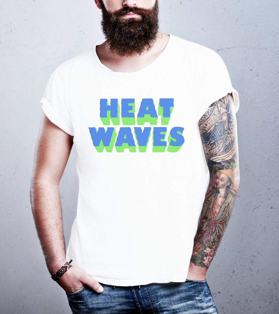 HEAT WAVES Bold 3D Text Design In Blue And Green T-Shirt
