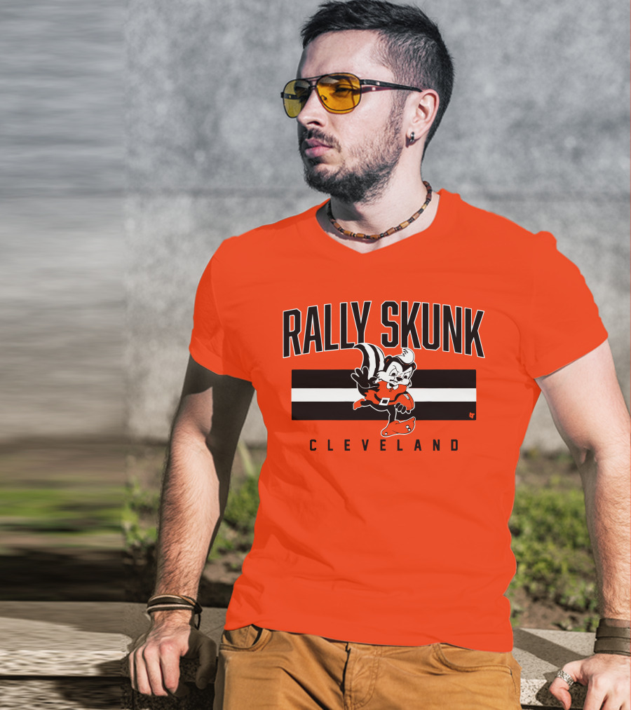 Cleveland Rally Skunk Football Character Sporting Orange Helmets T-Shirt