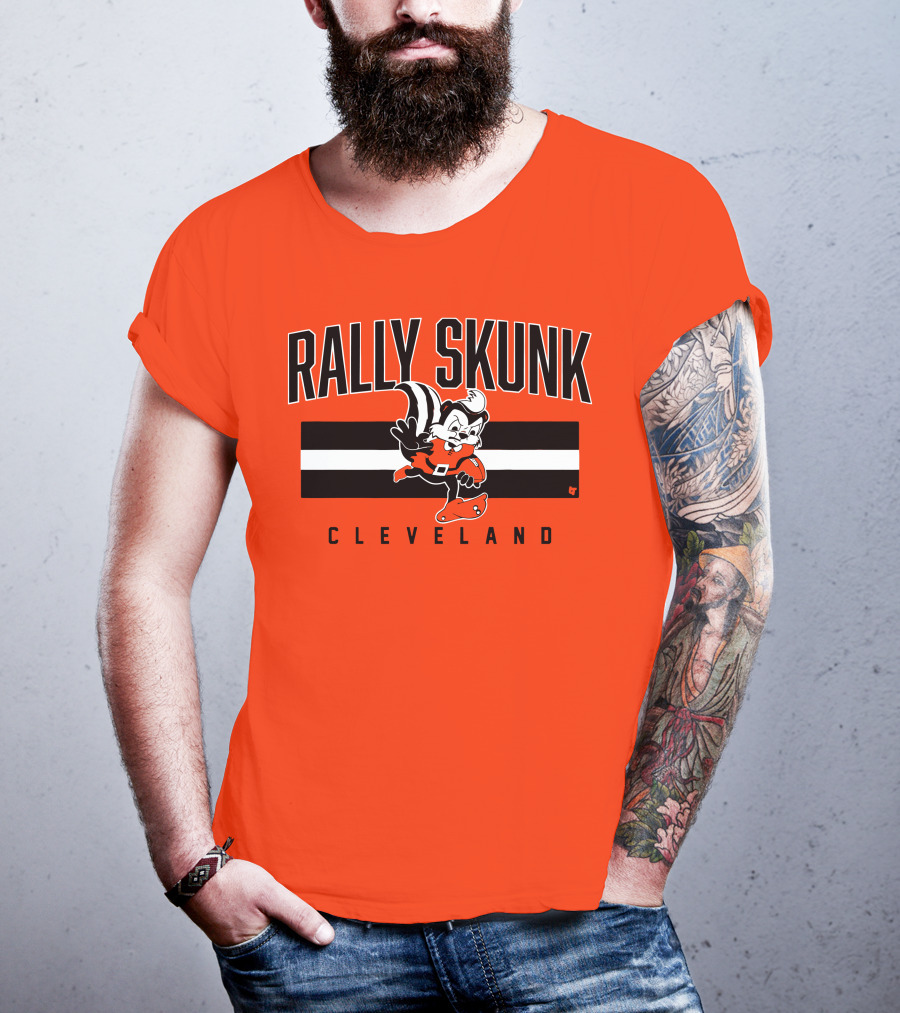 Cleveland Rally Skunk Football Character Sporting Orange Helmets T-Shirt