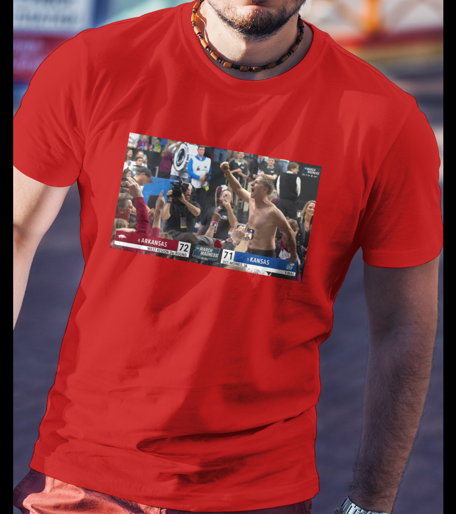 Eric Musselman Celebrates Arkansas 72-71 Victory Over Kansas In March Madness T-Shirt