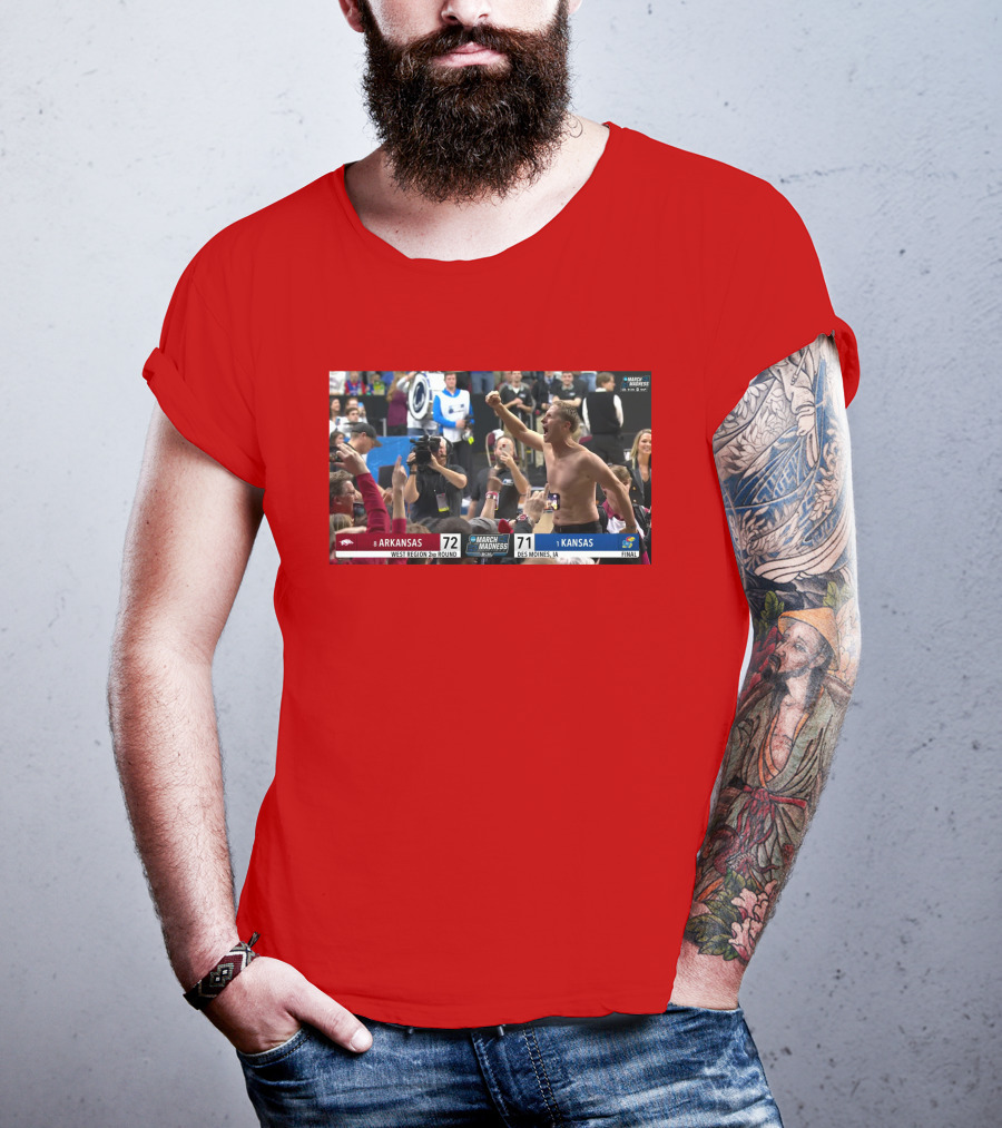 Eric Musselman Celebrates Arkansas 72-71 Victory Over Kansas In March Madness T-Shirt
