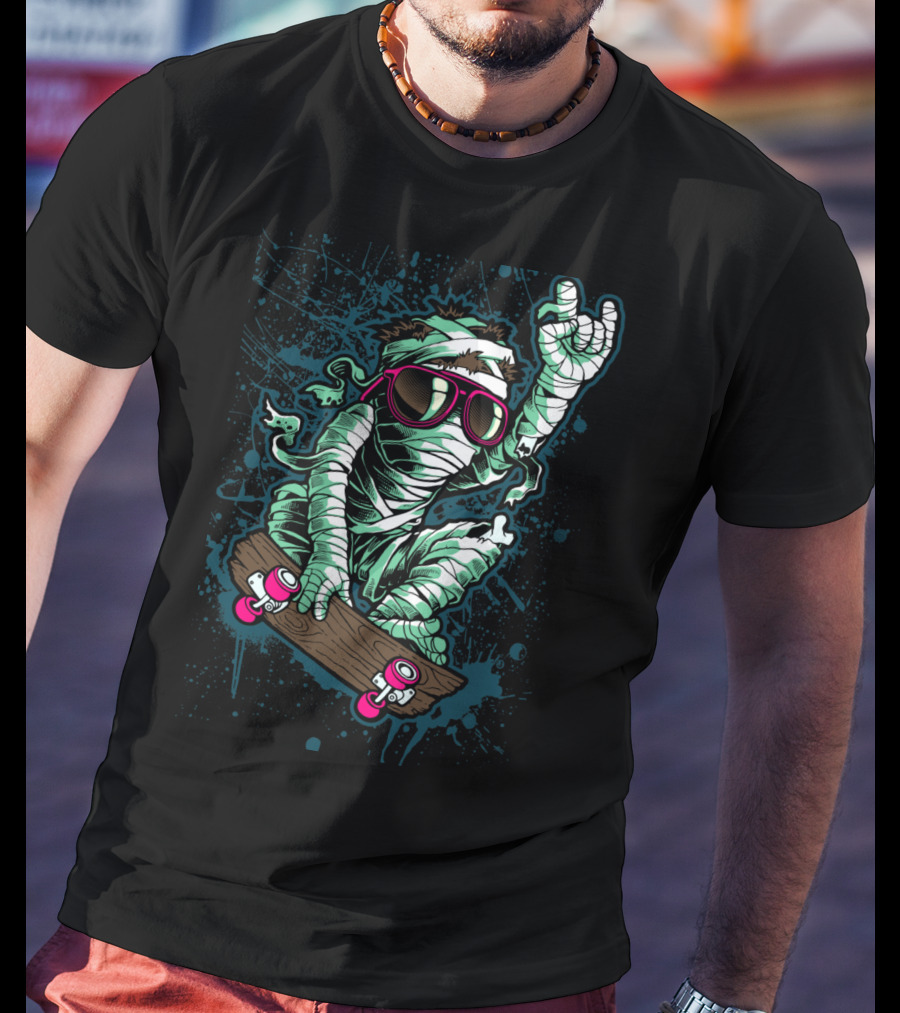 Return Mummy Skateboarding With Sunglasses Rock Hand Gesture T-Shirt