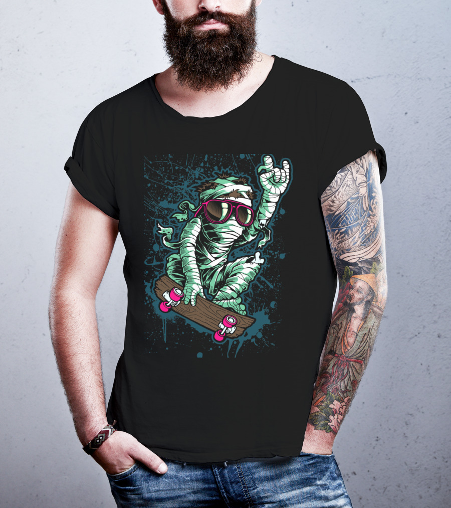 Return Mummy Skateboarding With Sunglasses Rock Hand Gesture T-Shirt