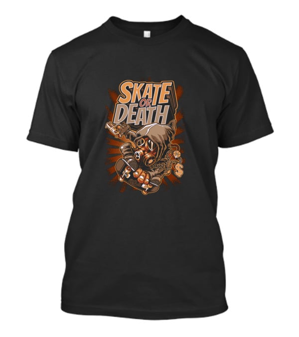 SKATE OR DEATH Graffiti-Style Gas Mask Skeleton Holding Cash And Gun On Skateboard T-Shirt