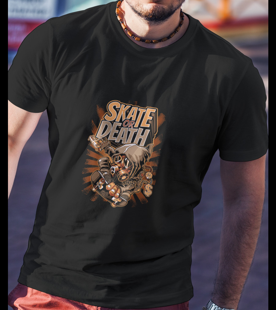 SKATE OR DEATH Graffiti-Style Gas Mask Skeleton Holding Cash And Gun On Skateboard T-Shirt
