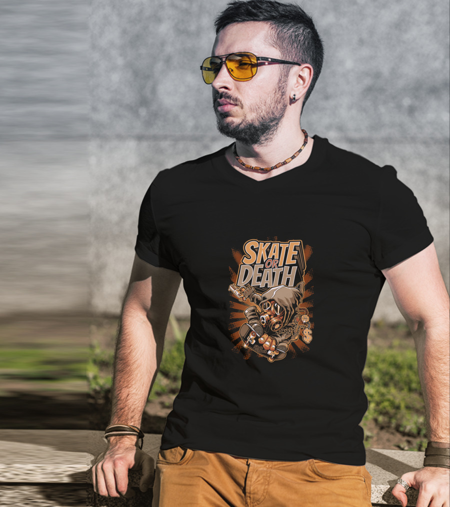 SKATE OR DEATH Graffiti-Style Gas Mask Skeleton Holding Cash And Gun On Skateboard T-Shirt