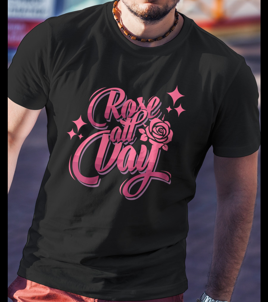 Rose All Day With Stylized Pink Rose And Stars T-Shirt