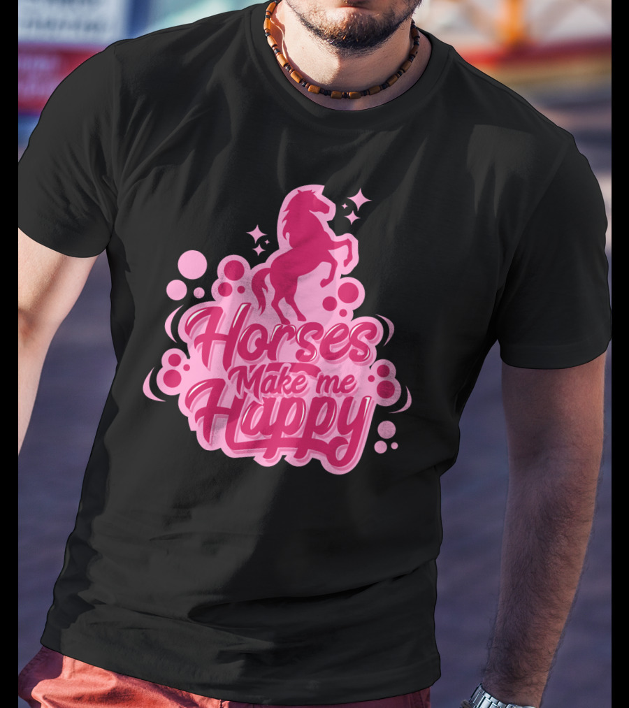 Horses Make Me Happy Pink Horse Silhouette With Stars And Circles T-Shirt