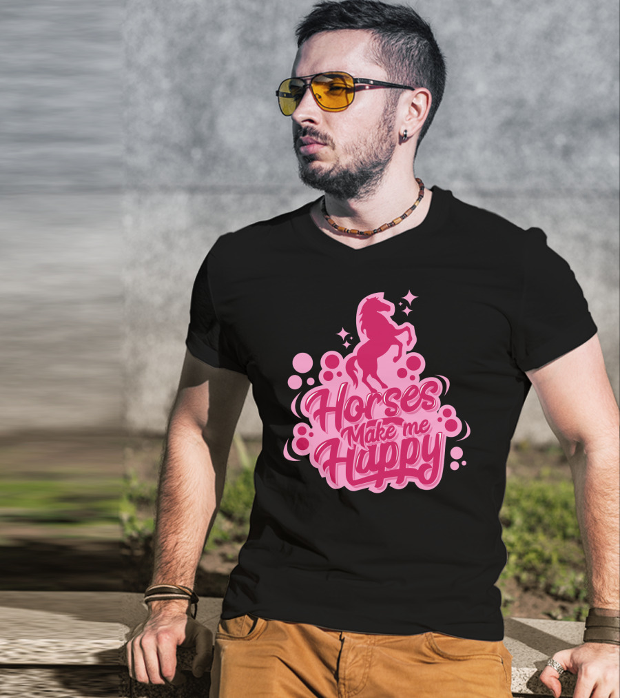 Horses Make Me Happy Pink Horse Silhouette With Stars And Circles T-Shirt