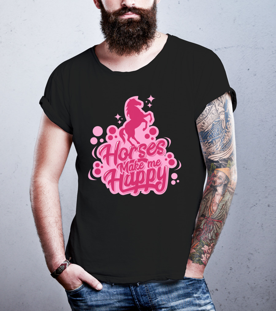 Horses Make Me Happy Pink Horse Silhouette With Stars And Circles T-Shirt
