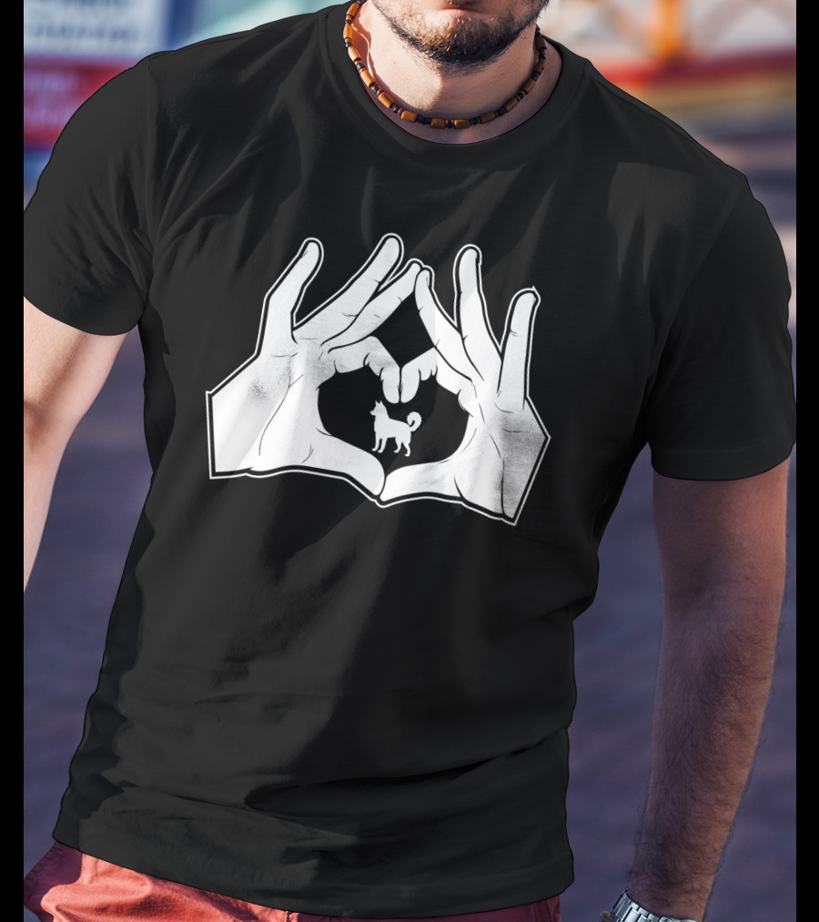 Alaskan Clover Kai Hands Heart Sign Dog Inside Hand Heart Gesture T-Shirt