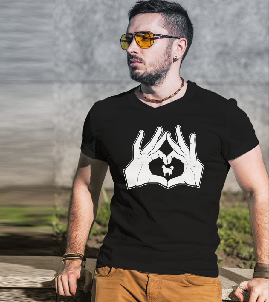 Alaskan Clover Kai Hands Heart Sign Dog Inside Hand Heart Gesture T-Shirt