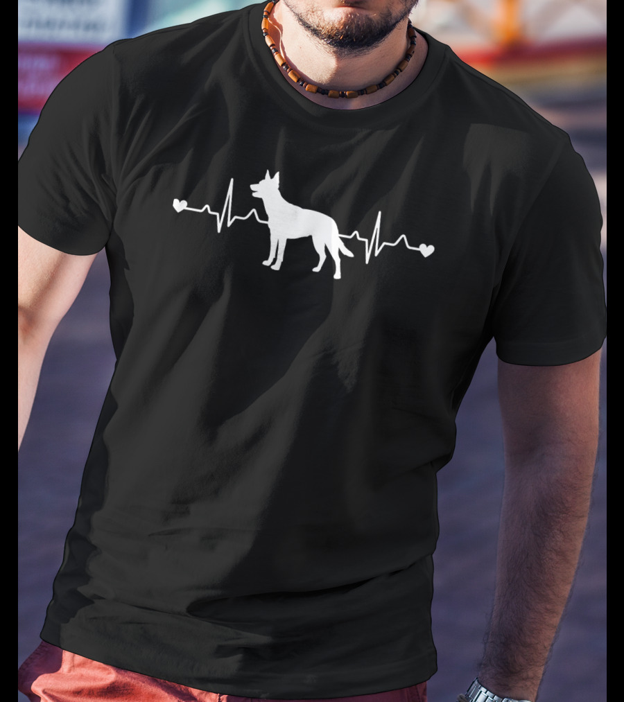 Australian Kelpie Silhouette With Heartbeat Pulse ECG And Love Hearts T-Shirt