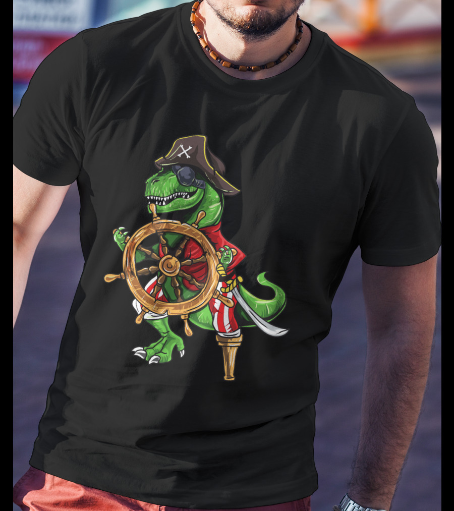 T-Rex Pirate Hat Wooden Leg Steering Ship Wheel Halloween Skull T-Shirt