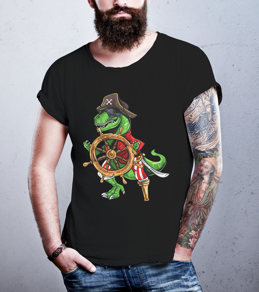 T-Rex Pirate Hat Wooden Leg Steering Ship Wheel Halloween Skull T-Shirt