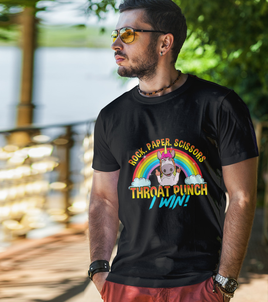 Rock Paper Scissors Throat Punch I Win Unicorn Rainbow T-Shirt