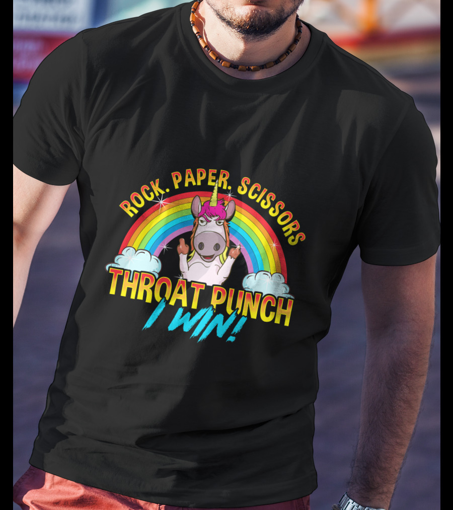 Rock Paper Scissors Throat Punch I Win Unicorn Rainbow T-Shirt